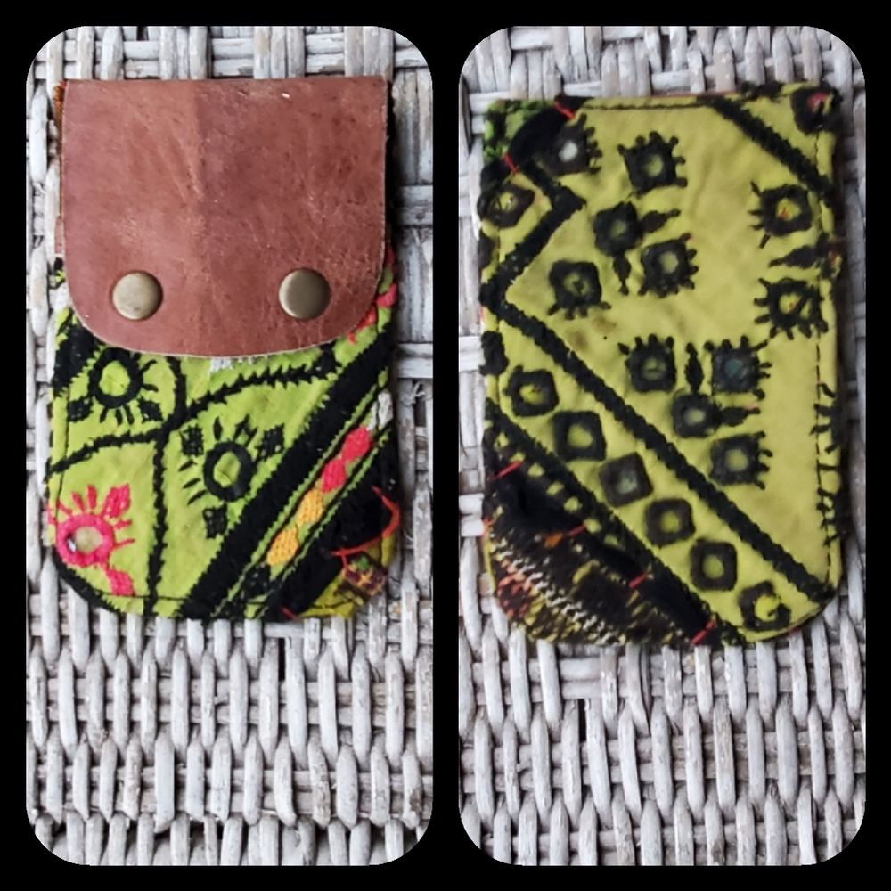 🥂🕺 Free People Boho Embroidered Repurposed vtg banjara hippie Wallet card case